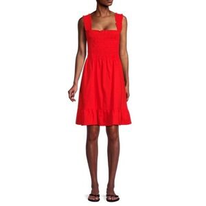 SAKS FIFTH AVENUE Red Smocked Square Neck‎ Linen Blend Ruffle Hem Dress M